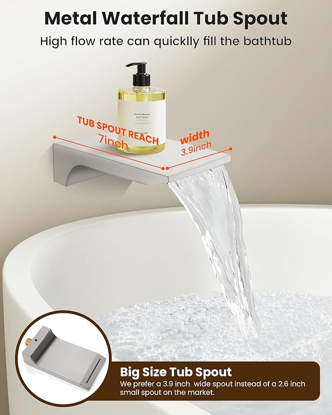 gotonovo Tub Shower Faucet Set with Valve 10'' Rain Head,Brushed Nickel | Waterfall Tub Spout Shower System,Bathtub Faucet Set,SUS304 Rain Head with Handheld,Brass Valve Trim Kit,All Metal,Wall Mount