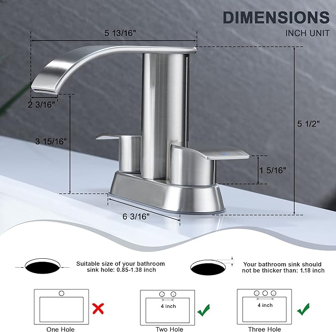 Ultimate Unicorn Waterfall Bathroom Sink Faucet Brushed Nickel, Two Handles Bathroom Faucet with Metal Pop up Sink Drain Stopper, Two Or 3 Holes Bathroom Basin Mixer Tap with Deck Mount Plate