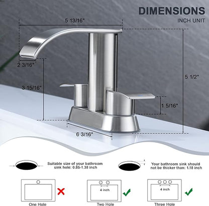 Ultimate Unicorn Waterfall Bathroom Sink Faucet Brushed Nickel, Two Handles Bathroom Faucet with Metal Pop up Sink Drain Stopper, Two Or 3 Holes Bathroom Basin Mixer Tap with Deck Mount Plate