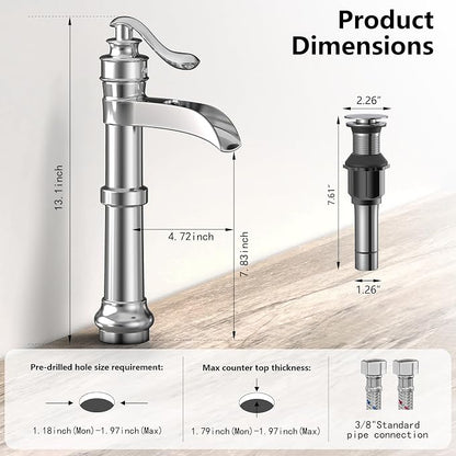 Polished Chrome Vessel Sink Faucet Brass Tall Waterfall Bathroom Faucet | Bathroom Sink Faucets Single Handle with Pop Up Drain Without Overflow and Supply Hoses Mixer Tap Deck Mount by BATHLAVISH