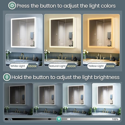 36x30 Inch Lighted Medicine Cabinet with Mirror, AL Alloy Frame, Plug-in or Hardwired, Recessed or Surface Mount, 3 Colors/Dimmable/Interior Sensor Light/Defog,2 Outlets & USBs,3 Shelves