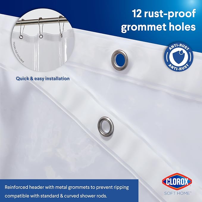 Clorox Shower Curtain Liner, Premium Medium-Weight Durable Waterproof 6g PEVA for Bathroom with Weighted Magnets, Standard Size 72" x 72", Clear 2 Pack