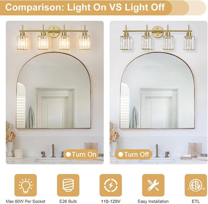 Brushed Gold Bathroom Light Fixtures, Square, 4-Light | Vanity Lights with Crystal Shades, Modern Bathroom Lighting Fixtures over Mirror (Bulbs Not Included, E26)