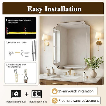 30"x30" Square Bathroom Mirror, Gold Vanity Mirrors for Over Sink, Gold Scalloped Mirror with Glass Pieces, Brass Mirror with Designer-Crafted Notched Corners, Ideal for Home Remodel