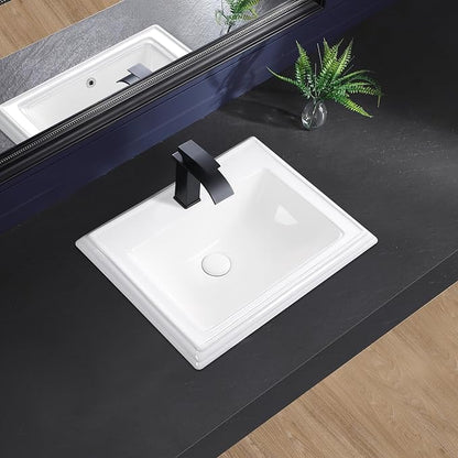 Semi Recessed Bathroom Sink 23"x18" Drop In Vessel Sink with Faucet Hole White Porcelain Ceramic Modern Rectangular Sinks Basin Vanity Sinks with Overflow for Bathrooms