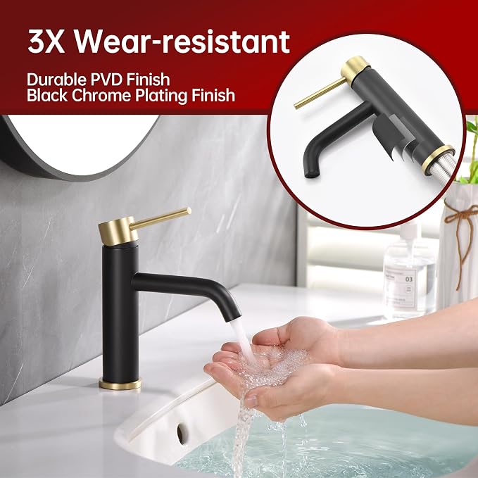 SUMERAIN Modern Single Handle Bathroom Sink Faucet, Black and Gold | Single Hole, Lead-Free, Stainless Steel, with Faucet Supply Lines, Easy DIY Install