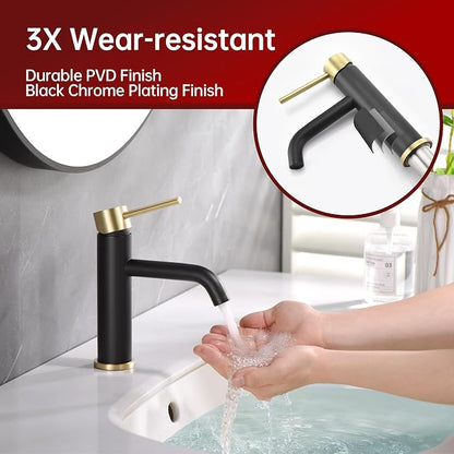 SUMERAIN Modern Single Handle Bathroom Sink Faucet, Black and Gold | Single Hole, Lead-Free, Stainless Steel, with Faucet Supply Lines, Easy DIY Install