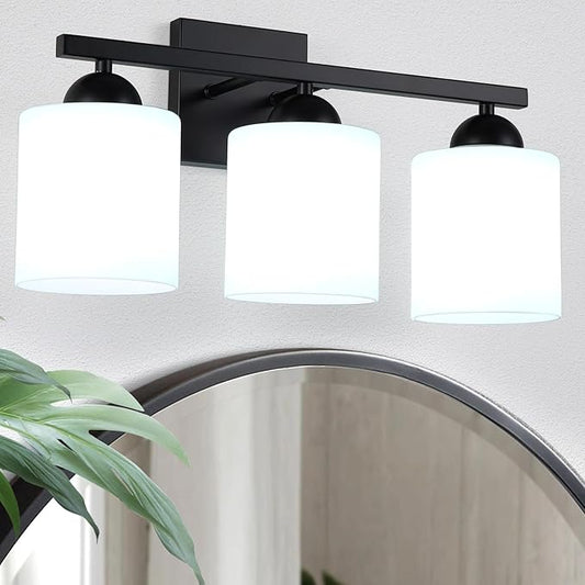 3-Light Matte Black Bathroom Vanity Light, Modern Bathroom Light Fixtures Over Mirror, Farmhouse Wall Sconce with Milky White Glass Shades, E26 Socket