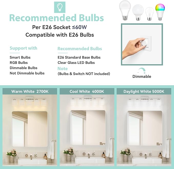 Honesorn 5-Light Bathroom Vanity Light, Anti-Rust Bathroom Light Fixtures | Bathroom Light Over Mirror, Milky White Frosted Shades, Brushed Nickel, E26 Socket(Bulbs Not Included)