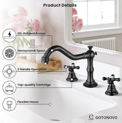 gotonovo Bathroom Faucet 3 Hole 8 Inch Widespread Bathroom Sink Faucet 2 Cross Handles Vintage Lavatory Vanity Mixer Tap with Pop Up Drain, H C Label, Oil Rubbed Bronze