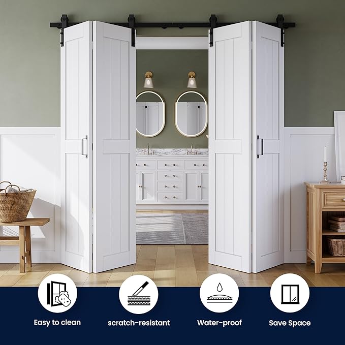 SMARTSTANDARD Bifold Barn Door 48" x 84", MDF Bi-Fold Sliding Closet Doors | Hardware Kit Included, Pre-Finished Easy Assembly, Water-Proof PVC Surface & Save Space, H-Frame, 56" Track for 4 Doors