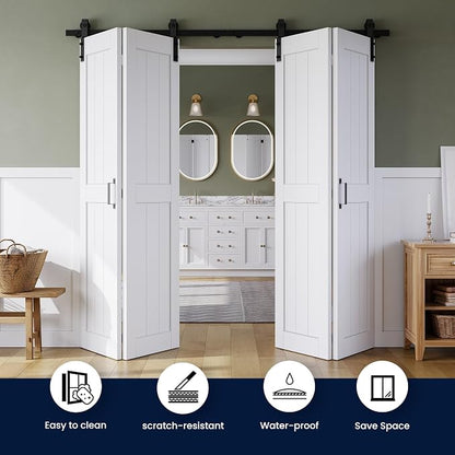 SMARTSTANDARD Bifold Barn Door 80" x 84", MDF Bi-Fold Sliding Closet Doors | Hardware Kit Included, Pre-Finished Easy Assembly, Water-Proof PVC Surface & Save Space, H-Frame, 88" Track for 4 Doors