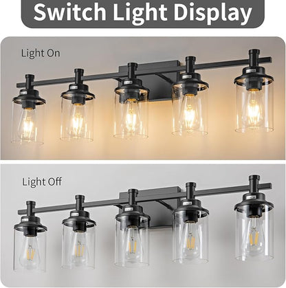 5-Light Black Bathroom Vanity Light, Modern Lighting Fixture With Clear Glass Shade, Wall Sconces Over Mirror