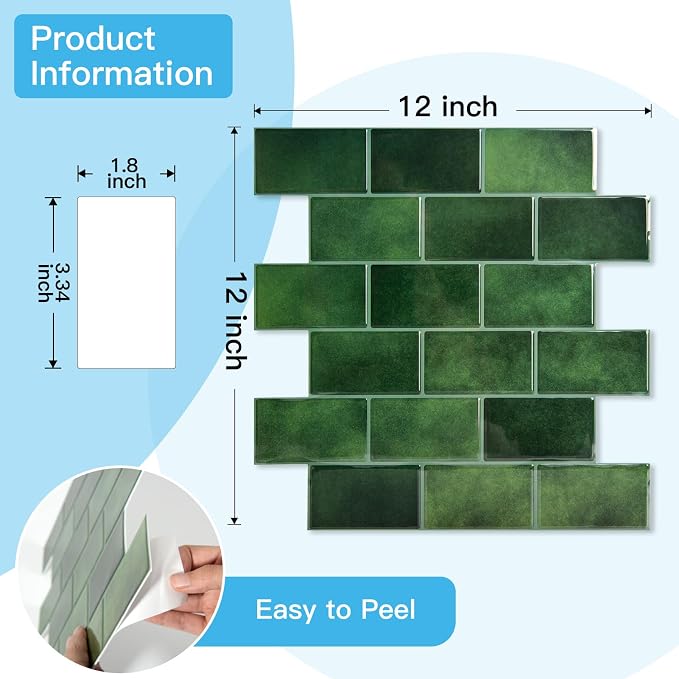 Art3d 10-Pack Subway Tiles Peel and Stick Backsplash, Green, 12 x 12 Inch | Thickened Design, No Warping, Durable, Self-Adhesive, Sturdy, for Kitchen, Bedroom, Ideal for New Home Buyers, Future Movers
