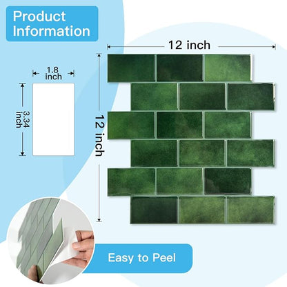 Art3d 10-Pack Subway Tiles Peel and Stick Backsplash, Green, 12 x 12 Inch | Thickened Design, No Warping, Durable, Self-Adhesive, Sturdy, for Kitchen, Bedroom, Ideal for New Home Buyers, Future Movers