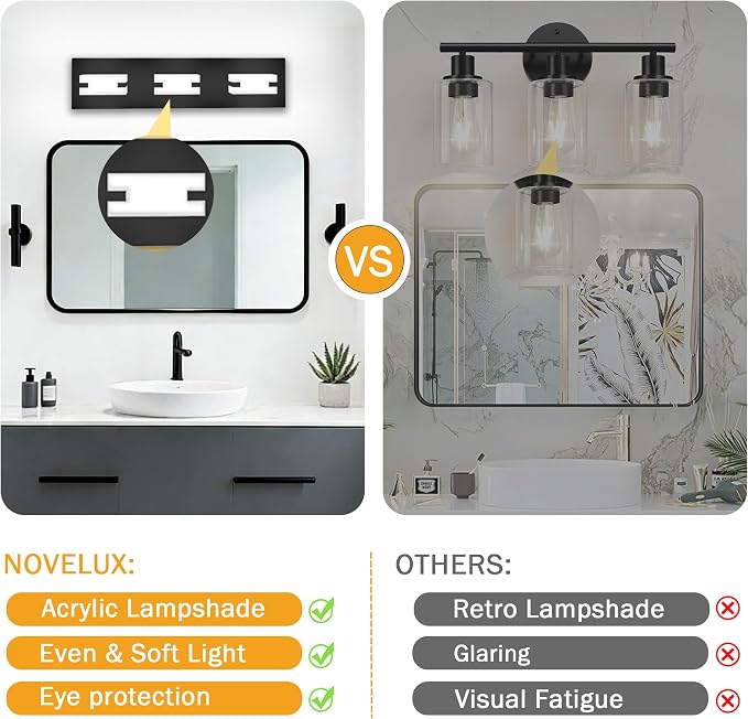 LED Bathroom Light Fixtures, 3-Light Modern Vanity Lights with Milky White Frosted Acrylic Shades, Matte Black Bathroom Lighting fixtures Over Mirror, ETL Listed, 20W (Cool White 5700K)