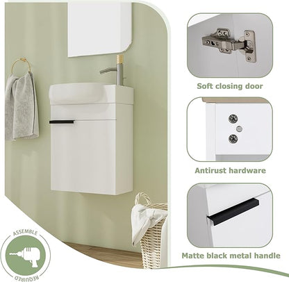 16" Bathroom Vanity with Sink, 16 Inch Floating Bathroom Vanity for Small Space, Modern Bathroom Vanity, White Wall Mounted Cabinet Set (029, GWH.16''W x 12''D)