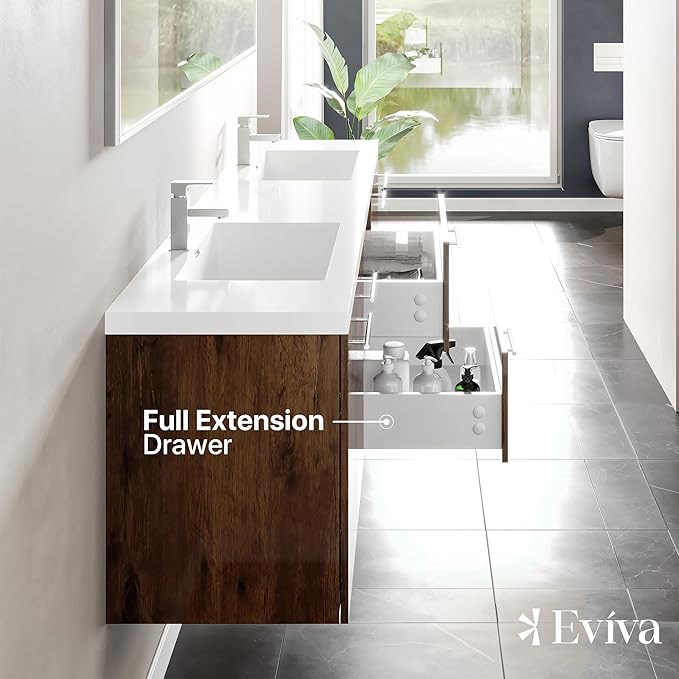 Eviva Lumina 84 in. Rosewood Wall Mount Double Sink Bath Vanity with Acrylic Top and Integrated Sinks