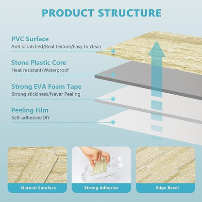 Vamos Tile 100 Pieces Peel and Stick Backsplash Tiles, 3" x 6" PVC Subway Tile, Beige Mix Off White Travertine Stick on Backsplash Tiles for Kitchen/Bathroom/Fireplace/Laundry/Camper