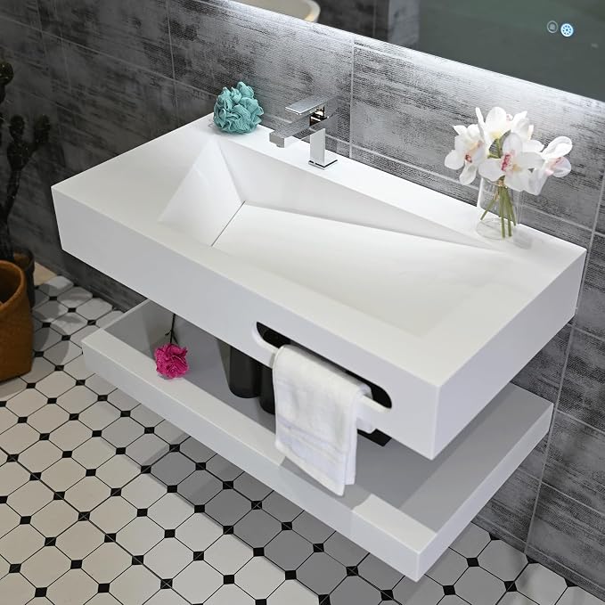 36"x19" Wall Mount Bathroom Vanity with Sink Stone Resin Floating Vanity Sink Rectangular Vessel Sinks for Bathroom White Trough with Shelf Layer (Mirror Not Included)