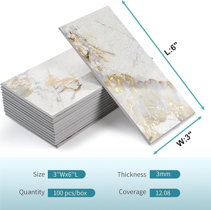 Vamos Tile 4-Piece Glossy Pandora Marble Peel and Stick Backsplash Tile | 3''x6'' Glossy Gold Veining PVC Subway Tile with White Grout,Stick on Backsplash for Kitchen/Bathroom/Laundry/Camper