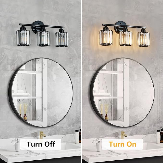 Modern 3-Light Crystal Vanity Light, High Gloss Black Bathroom Wall Light Fixtures Over Mirror for Dressing Table and Sink, Compatible with Dimmable Bulbs, Bulbs Not Included
