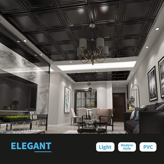 Art3d PVC Ceiling Tiles, 3D Plastic Sheet in Black, 2 x 2 ft, 12-Pack | Lightweight, Waterproof, No Sag and Breakage, Compatible with Grid System, Perfect for Basement, Kitchen