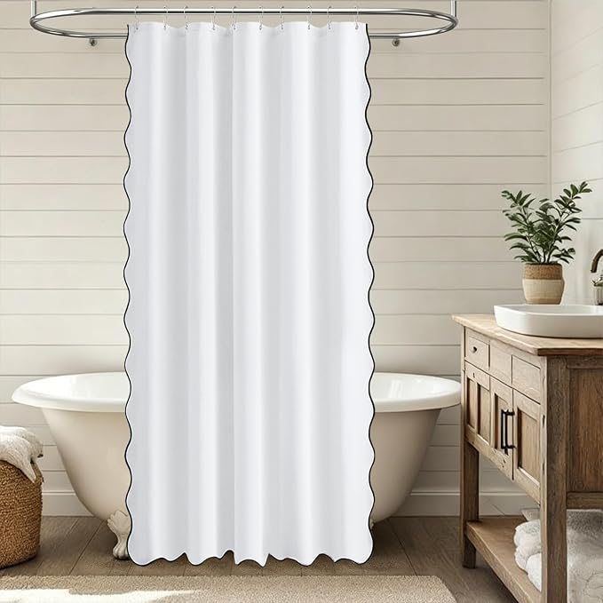 BTTN 54x78 Boho Scalloped Linen Textured Cloth Shower Curtain Set, White | Narrow Long Size, 230GSM Waterproof Polyester, Heavy Duty Fabric, 10 Plastic Hooks, Elegant Farmhouse Style, Machine Washable