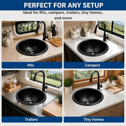 LQS Small RV Sink, Black Oval RV Bathroom Sink, 13.39 x 10.63 Inch | Drop-In Black Bathroom Sink for RVs, Stainless Steel Oval Small Sink with 5.12-Inch Depth and Drain Assembly Included
