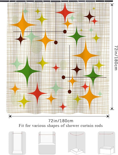 Mid Century Modern Shower Curtain, Retro Abstract Geometric Design Bath Curtains for Bathroom, Boho Colorful Unique Stars Pattern Decor Waterproof Fabric Shower Curtain Sets 12 Hooks 72X72 in