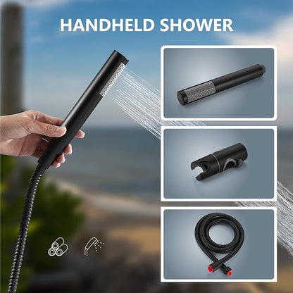 Aolemi Outdoor Shower Kit,8 Inch Rain Head and Handheld,Matte Black | 2-Handle Hot and Cold Control, Adjustable Height, 6-Inch Center Valve, 59-Inch Hose, Winter Drainage Outdoor Shower Fixtures