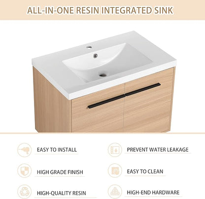 30" Floating Bathroom Vanity,30 Inch Bathroom Vanity with Sink,Single Sink Wall Mounted Vanity Combo,Brown Wall Mounted Cabinet Set