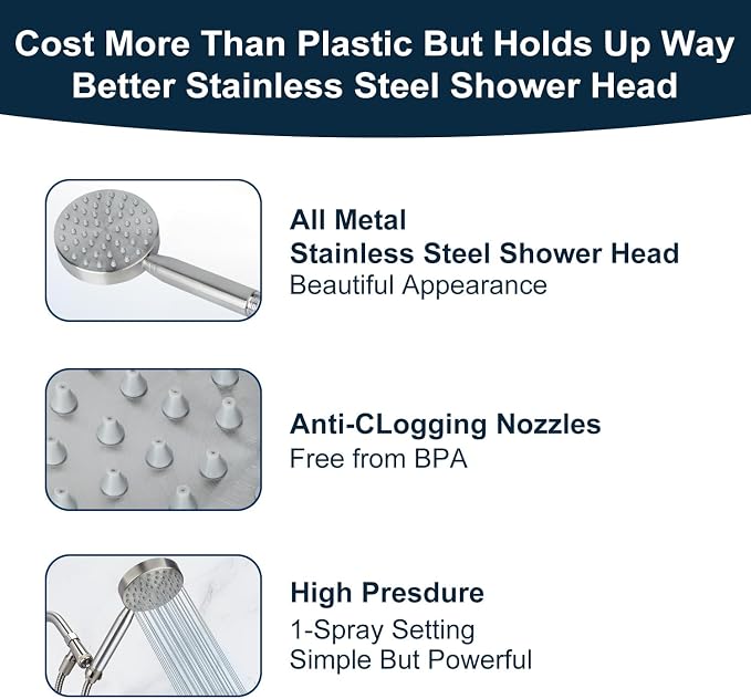 All Metal Shower Head with Handheld - 72" Long Hose, High Pressure Sprayer | Hand HeId Showerhead Spray, Solid Outdoor Showerheads and Brass Holder, Brushed Nickel