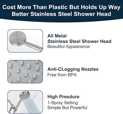 All Metal Shower Head with Handheld - 72" Long Hose, High Pressure Sprayer | Hand HeId Showerhead Spray, Solid Outdoor Showerheads and Brass Holder, Brushed Nickel