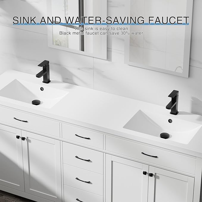 LUCKWIND 72" Bathroom Vanity and Sink Combo, Painted Modern Bathroom Storage Cabinet with Double Large Sink, Four Doors and Three Drawers, Include Faucet, Without Mirror, White
