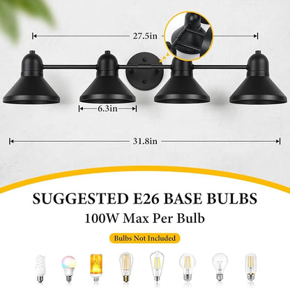 Bairth Bathroom Light Fixtures,4-Light Black Metal Vanity Light Over Mirror | Farmhouse Rustic Industrial Bathroom Vanity Light, Modern Bathroom Lights with Metal Shade for Living Room Cabinet Hallway