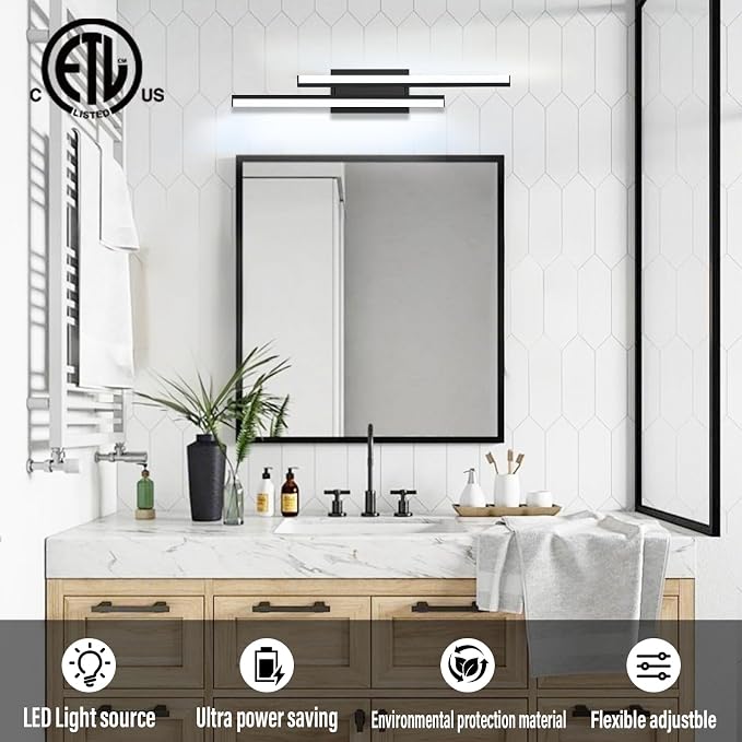 Bathroom Light Fixtures Over Mirror: 32 Inch Retractable Modern Black LED Vanity Light Bar ETL Certified | Dimmable Bathroom Lamp IP44 - 5700K Cool White(1 Pack)