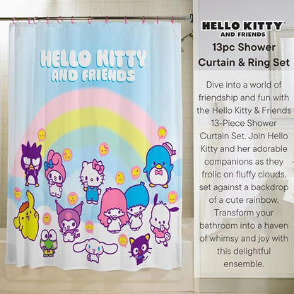 Sanrio Hello Kitty & Friends 13-Piece Shower Curtain Set, Bathroom Decor, 72 x 72 Inch Fabric Curtain with Hooks, Machine Washable (100% Officially Licensed Product) by Franco Collectibles