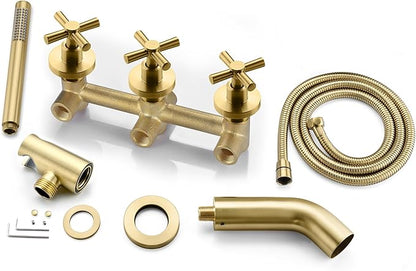 SUMERAIN Waterfall Wall Mount Tub Faucet with Hand Shower Sprayer, 3 Handle Tub Shower Faucet with Rough in Valve Brushed Gold Finish