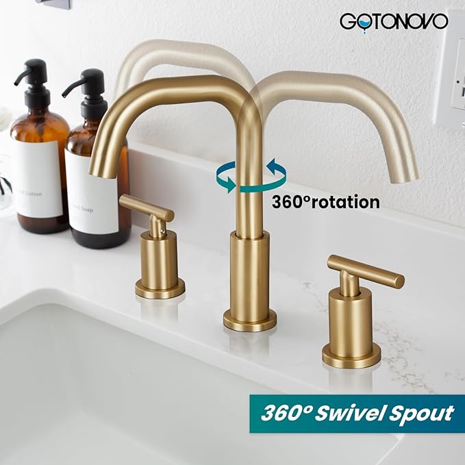 gotonovo 8 Inch Widespread Bathroom Sink Faucet 3 Hole 2 Handles Lavatory Basin with Pop Up Drain with Hot and Cold Mixer Valves Modern Brushed Gold