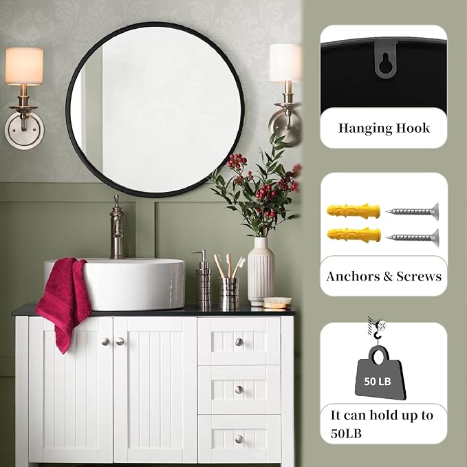 G-LEAF Black Round Mirror 32 inch Circle Mirror for Bathroom Vanity, Entryway, Living Room, Round Bathroom Mirror for Wall