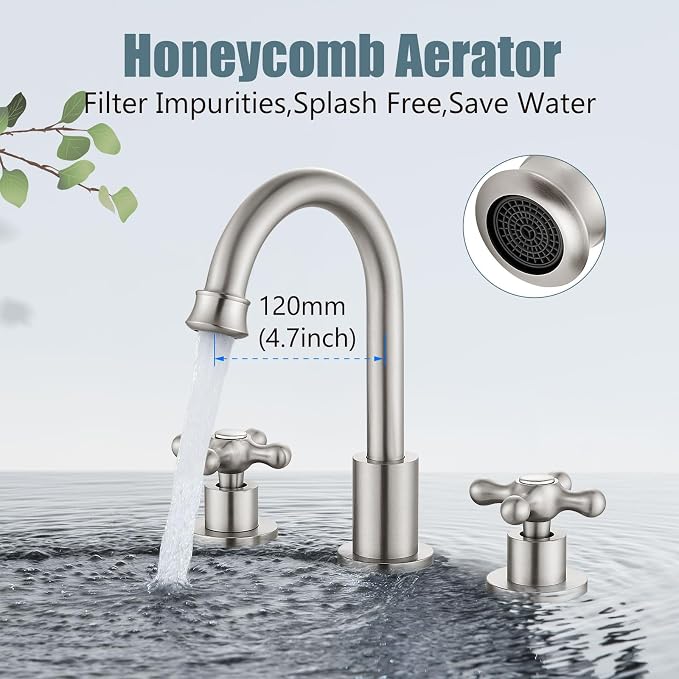 3 Hole Bathroom Sink Faucet Widespread Metal Label Brushed Nickel | High-Arc Swivel Spout,Pop Up Drain,Cross Handle,cUPC Hose,for 6-16″Centerset Basin,Farmhouse,RV,Vanity,Lavatory 8" Mixer Tap