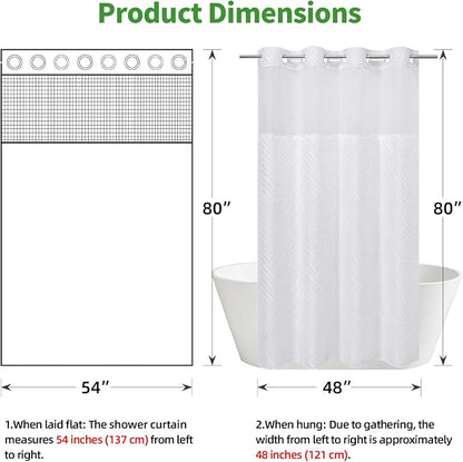 eachope stall no Hook Tufted Shower Curtain with snap in Liner Set, White Waterproof Fabric Inner Liner,Boho Style Shower Curtain with See Through top Window, White, 54Wx80H