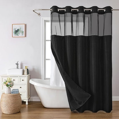 eachope No Hooks Needed Linen Textured Shower Curtain with Snap-in Fabric Liner Set,Black Hotel Luxury Decor Shower Curtains for Bathroom with Mesh Top Window,Waterproof & Washable,71Wx74H | 230GSM Thick Fabric,Hotel Luxury Decor,Mesh Top Window,Waterp...