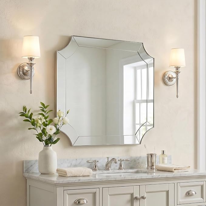 30"x30" Brushed Nickel Square Mirror, Silver Bathroom Mirror for Over Sink, Modern Mirror with Unique Notched Corner, Non-Rusting Vanity Mirror in Delicate Tessellated Glass Design