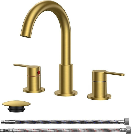 QFN Bathroom Faucets 3 Hole Brushed Gold, 8 Inch Widespread Vanity Sink Faucet with Aerator, 2 Handle 360° Swivel High Arc Spout, Spot-Free Finish, cUPC NSF Certified and CEC & DOE Compliant