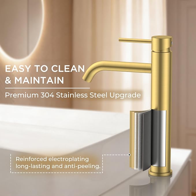 FORIOUS Vessel Tall Bathroom Faucet 1 Hole Brushed Gold Single Handle | for 1 Hole Vessel Sink Only, Single Handle Faucet with Pop up Drain, for Basin Bowl Vanity Lavatory Residential/Commercial