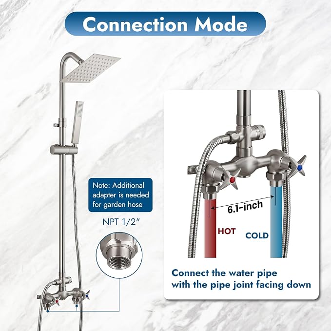 Wall Mounted Outdoor Shower Kit,Outdoor Shower Faucet,Brushed Nickel | 6-Inch Square Rainfall Shower Head with Handheld Spray, Adjustable Slide Bar & Dual Function Design for Flexible Outdoor Use