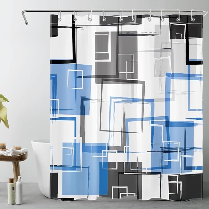 Blue Geometric Abstract Shower Curtain with Hooks Blue and Gray Neutral Design Geometric Fabric Shower Curtain Grey Fashion Mid Century Modern Bathroom Curtains Shower Set, 72Lx60W inches