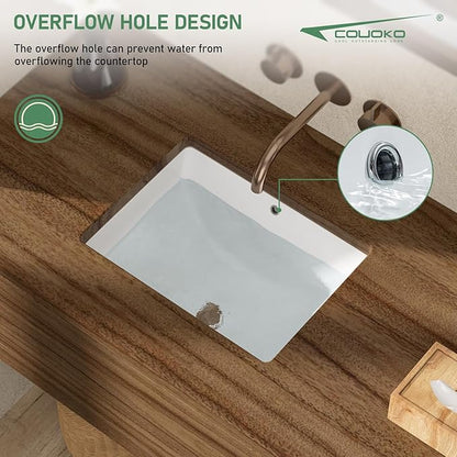 Undermount Bathroom Sink 18x14 Inch White Rectangle Porcelain Vessel Sinks with Curves Bottom Deep Basin with Overflow Lavatory Vanity Sink Mounted Under the Counter
